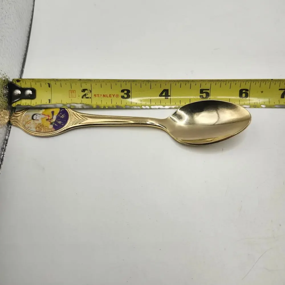 Asian Souvenir Spoon Gold Tone Enamel Traditional Woman 18/10 Stainless 6 Inch
